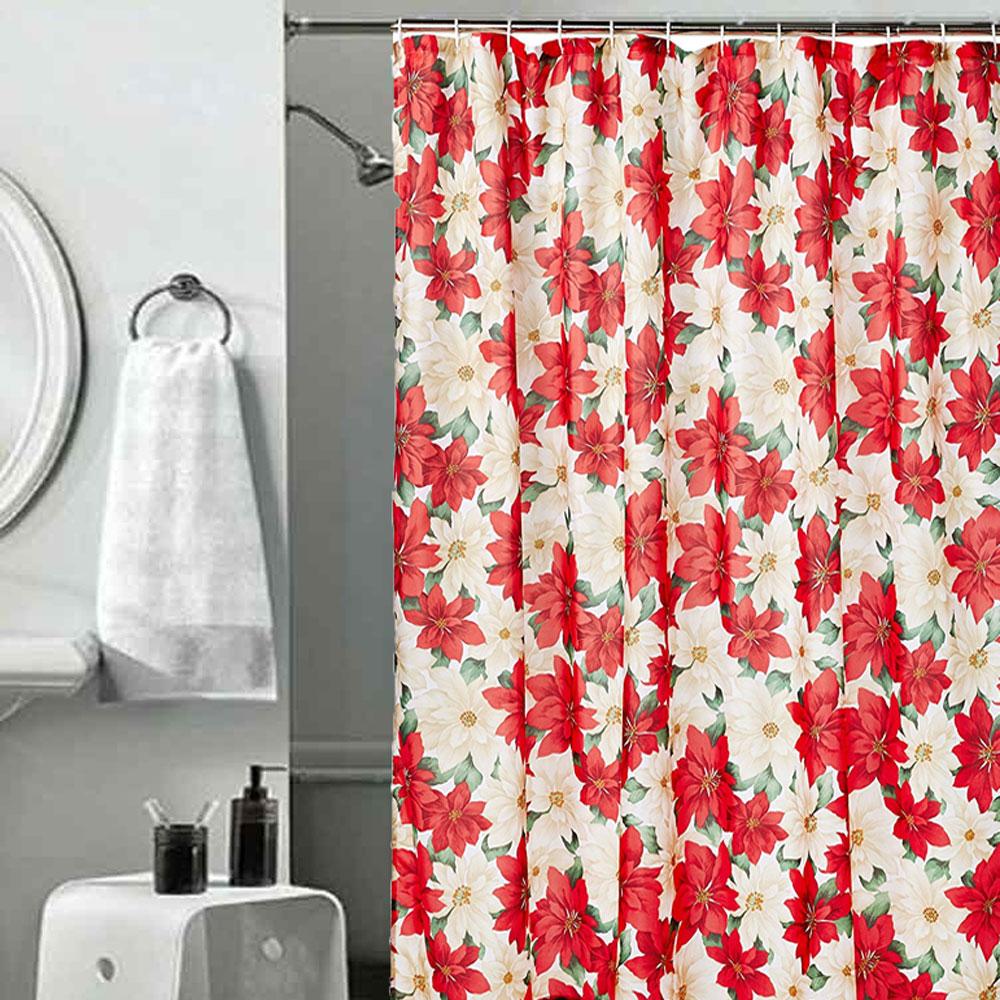 Seasonal Floral Poinsettia Fabric Shower Curtain